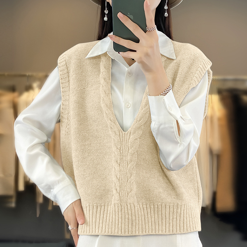 Cross-Border 2025 Spring New V Neck Thick Hemp Vest Women's Layered Shirt Sleeveless Sweater Knitwear Vest