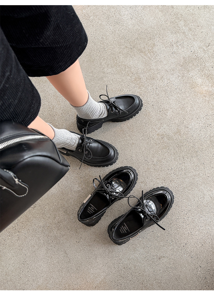 Giày loafer nữ đế dày mũi tròn buộc dây da bò — Đen (bóng) chi tiết 18