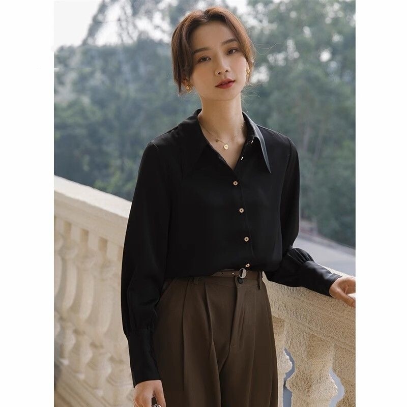 Real Shot Satin Design Long-Sleeved French Shirt New Commuter Light Luxury Shirt Western Style Professional Top for Women