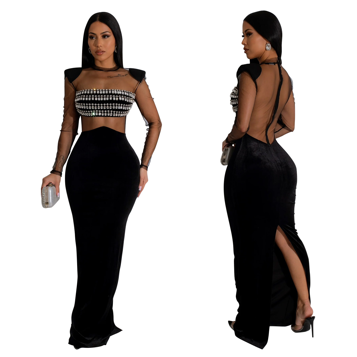 C6823 transfronteriza AliExpress Amazon moda europea y americana de las mujeres de color sólido de malla rhinestone Vestido de manga larga vestido image 7