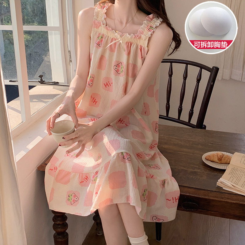 Pijama de mujer de verano dulce chaleco de cinturón de pecho tejido de algodón espuma tela arrugada pijama de mujer de verano vestido lindo