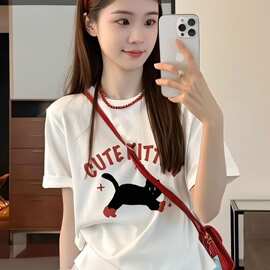 现货 夏季纯棉哺乳恤辣妈短袖百搭显瘦小猫喂奶上衣