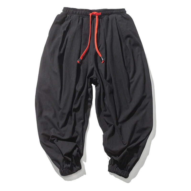 Estilo chino Lino estilo japonés pantalones casuales hombres recortada suelta pierna ancha tobillo-atado grasa marca de moda más tamaño pantalones de rábano