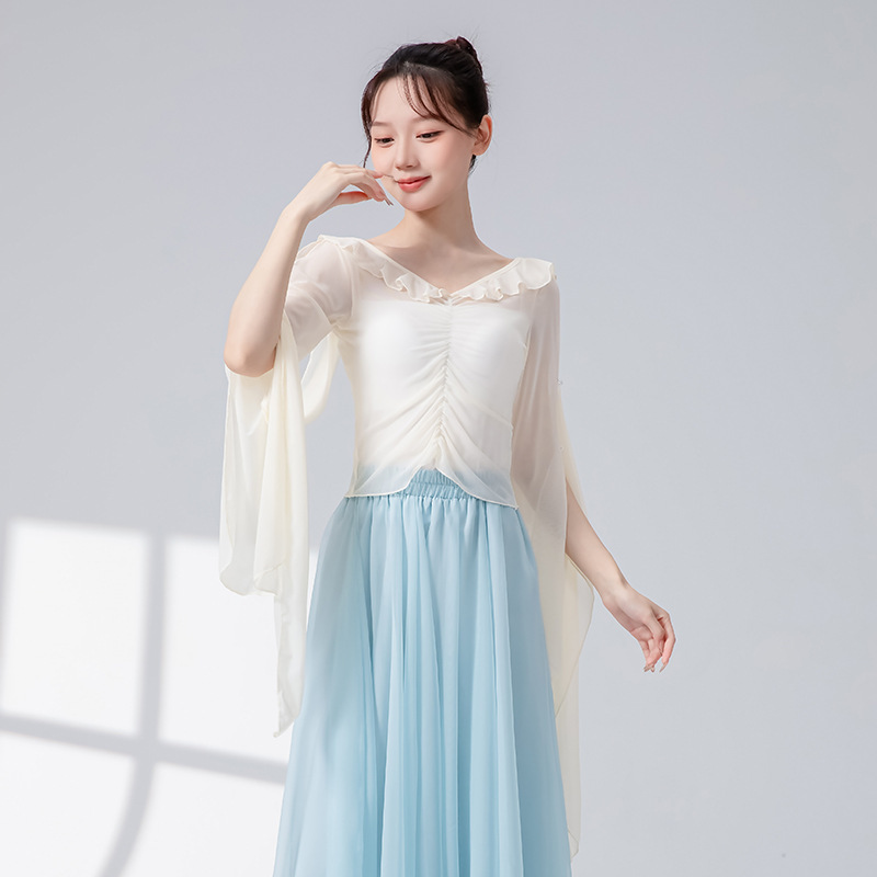 女性用クラシックダンス練習服、メッシュリボン、フリル、新しいスプライシングパフォーマンス服、トップス、エレガントな中国舞踊服|undefined