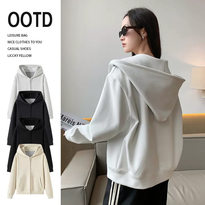 K1616石墨烯宽松连帽外套女秋冬慵懒风加厚开衫卫衣百搭长袖上衣