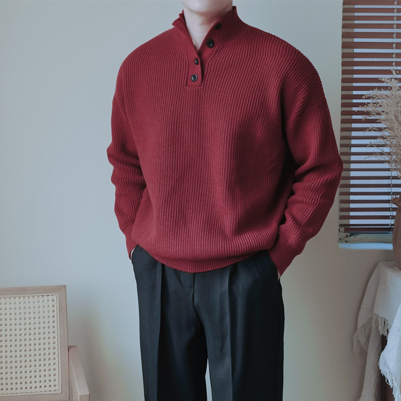 2024 Autumn and Winter Pullover Button High Neck Loose Casual Sweater Men's Christmas Red New Year Warm Shoulder Knitted Sweater