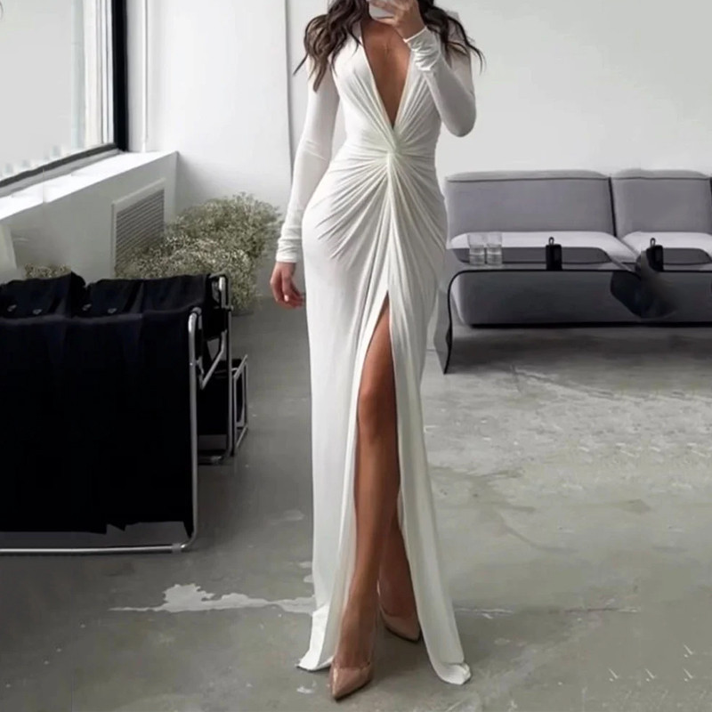 2023 New Solid Color Dress Summer Fashion Sexy Slit V-neck Long Sleeve Solid Slim Pleated Skirt Gown