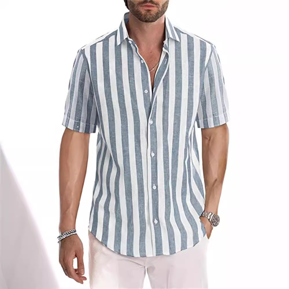 Amazon nuevos hombres de la moda de manga corta a rayas camisa de solapa de primavera y otoño camisa fuente de fábrica