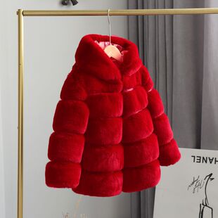 2024 New Hooded Children's Fur Coat Imitation Rex Rabbit Fur Girls Thickened Children's Wear Baby Autumn and Winter Fur Coat