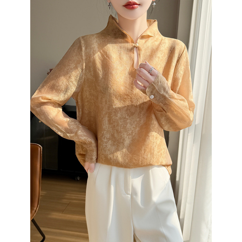 New Chinese-Style Textured Stand-Collar Shirt for Women, Spring and Summer Thin Versatile Long-Sleeve Blouse New Chinese-Style Textured Stand-Collar Shirt for Women, Spring and Summer Thin Versatile Long-Sleeve Blouse