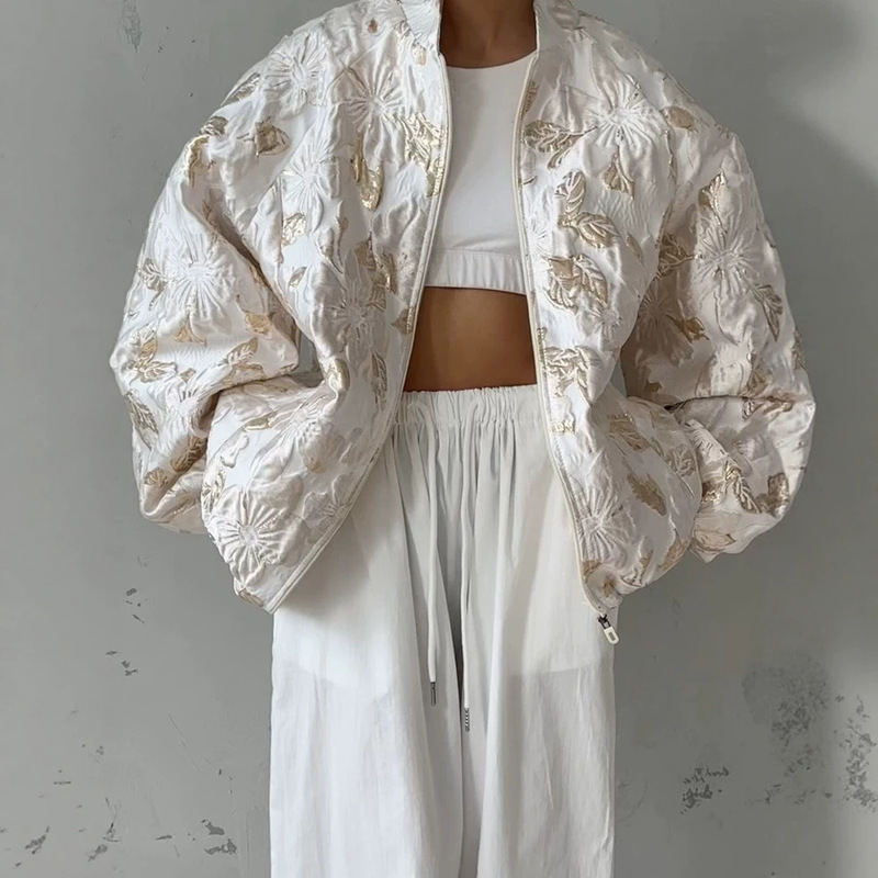 In stock - Wide-fit, bright gold jacquard short jacket, oversized outerwear, 2026 cross-border European and American style, wholesale for export