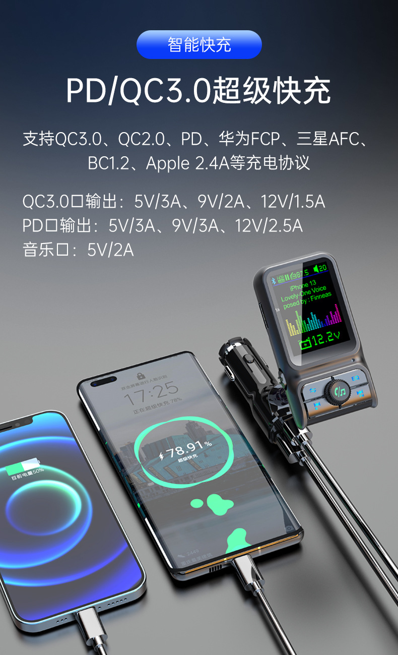 New original factory 1.77-inch color screen car Bluetooth MP3 player, FM transmitter for car with Bluetooth hands-free and color screen