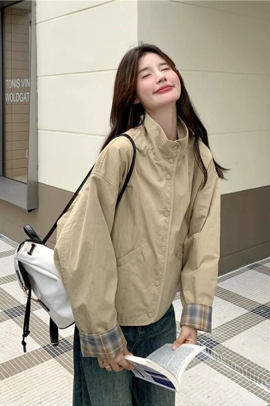 Reversible Korean-Style Short Jacket for Women, Spring and Autumn, Unique Design, 2026 New Model, Petite Plaid Versatile Jacket