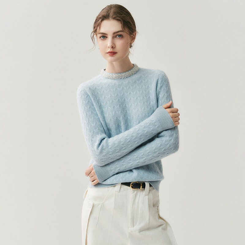 2025 New Autumn and Winter Style Handmade Pearl Collar Soft Waxy Baby Velvet Women's Cashmere Round Neck Knitted Bottoming Shirt