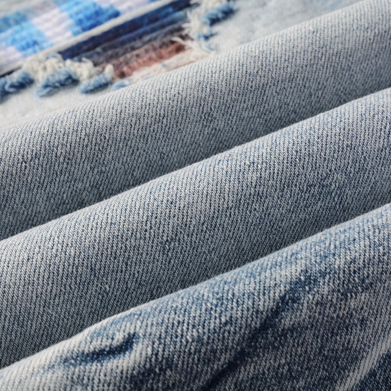 Herrenbekleidung im gleichen Stil, Katzenschnurrhaare, zerknitterte Farbe, Patchwork, Lederpatch, Loch, elastische Slim Fit-Röhrenjeans_voghion.com