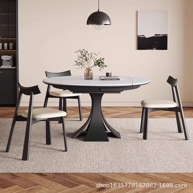 Mesa de comedor de madera maciza de estilo antiguo, retráctil, plegable, mesa redonda variable, apartamento pequeño, mesa de comedor de tablero de roca retro francés negro para el hogar