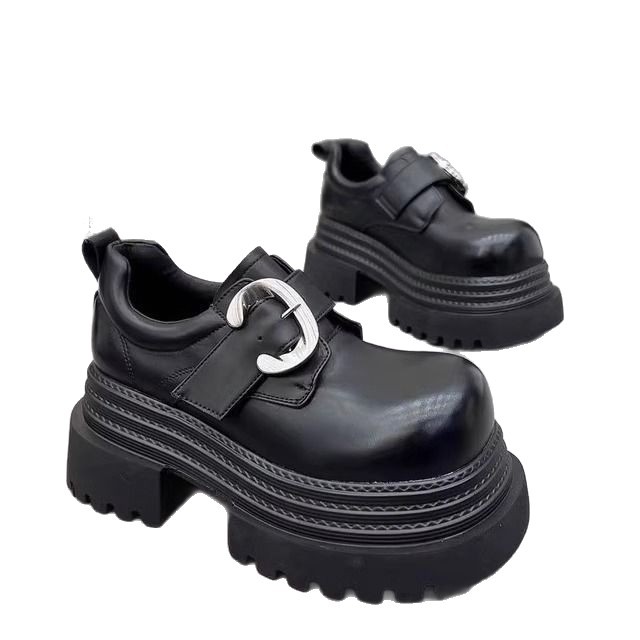 Gran Bretaña de estilo de calzado de altura de tacones gruesos zapatos Lefour mujeres 2025 primavera nuevo negro universal gran hebilla metálica zapatos