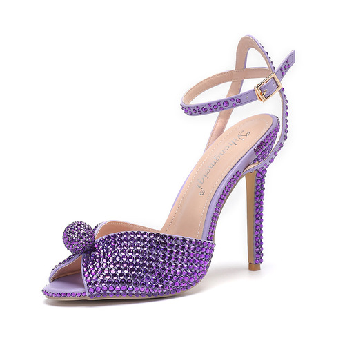 purple shoes for wedding dress Purple Lace Flower Wedding Shoe And Bag Set Crystal Heels Pointed Toe Ankle Strap Ladies Party shoe with matching bag Lace-up