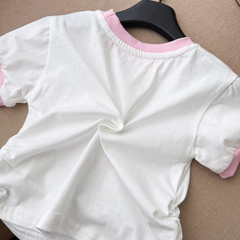 Niña verano cuello redondo manga corta versión coreana nueva camiseta de dibujos animados niña bebé cordón chaqueta de media manga marea linda