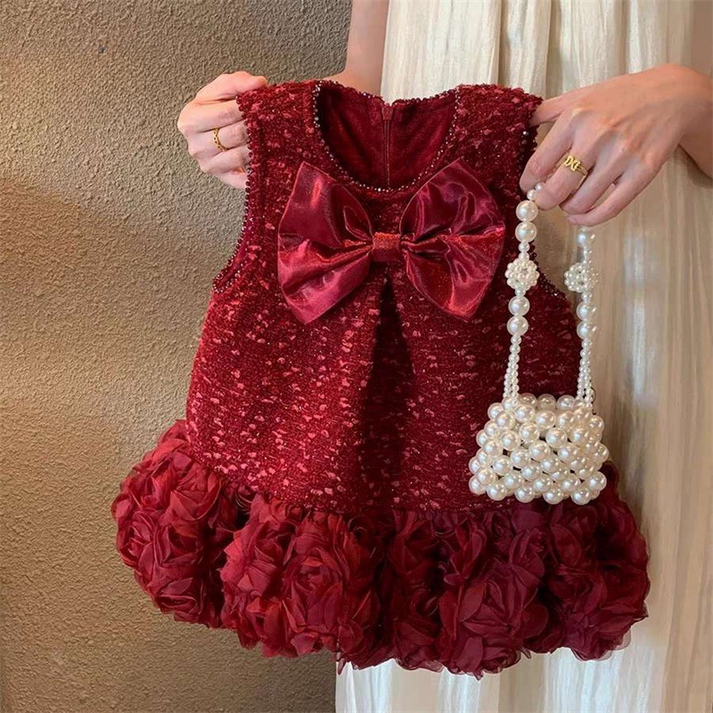 Vestido de princesa rosa tridimensional para niñas 2025 otoño e invierno nuevo estilo para niños Navidad y año nuevo vestido de chaleco con lazo rojo