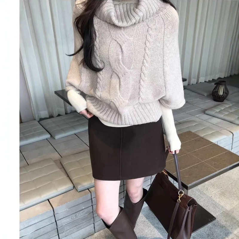 Yihao handmade cable-knit pullover cape wool sweater for women, autumn and winter loose high-neck base knit sweater for women, size 26 Yihao handmade cable-knit pullover cape wool sweater for women, autumn and winter loose high-neck base knit sweater for women, size 26