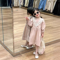 Children's Spring and Autumn Lace Collar Lace Edge Long-Sleeve Pink Princess Dress Baby Dress for Girls in Korea 2024