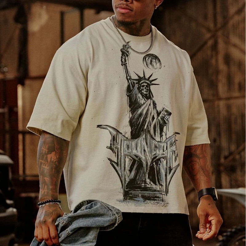 Youngla American Retro Men's Oversized T-Shirt Street Hip-Hop Loose Short-Sleeved Jogger Sports Fitness Short-Sleeved