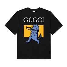 跨境宽松短袖T恤黑色款G家新款可爱猫咪吹喇叭复古风格图案夏装