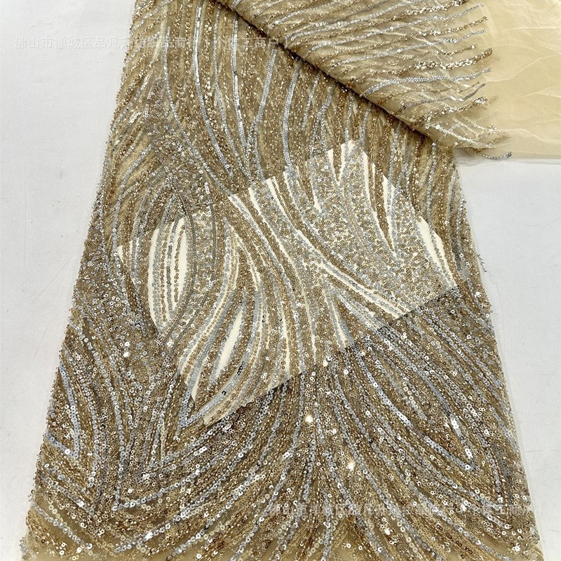 Tejido bordado de sequilla alta tela de encaje de dos colores vestido de boda de moda vestido de cena tela de espectáculo image 1