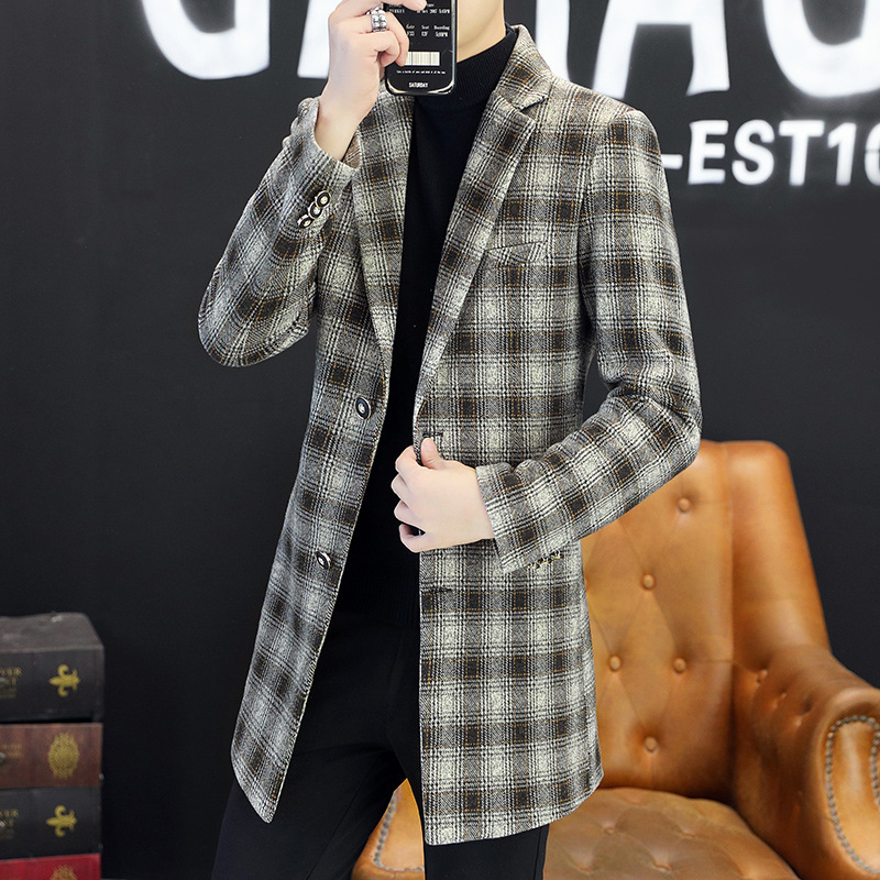 男士中长款毛呢大衣青年秋冬季格子呢子外套2021年新款风衣男装潮