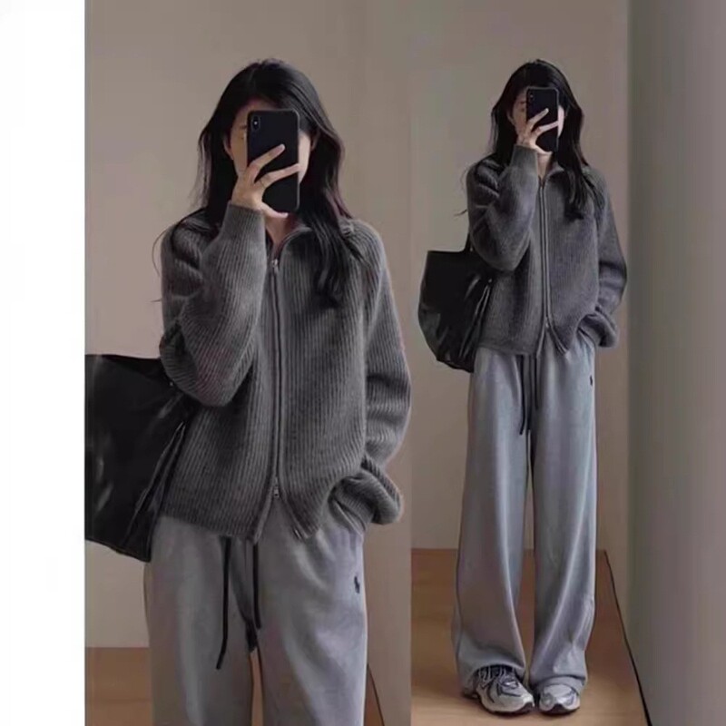 韩系翻领开衫毛衣外套女秋冬2025新款宽松慵懒风加厚针织上衣服|undefined