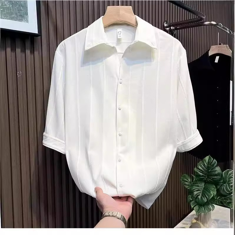 Camicia a maniche corte a righe premium da uomo – Top casual traspirante in misto seta antipiega per stilisti e professionisti urbani (nero/bianco)_voghion.com