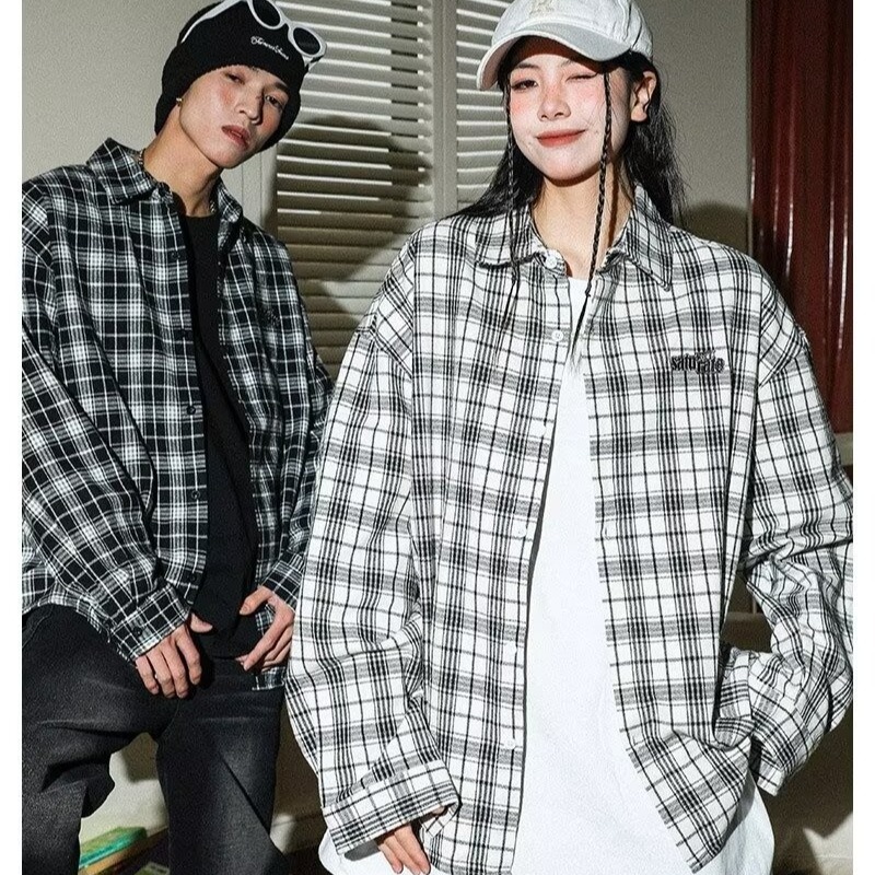 일본 복고풍 격자 무늬 긴팔 셔츠 남성 2024 가을 새로운 유행 느슨하고 다양한 캐주얼 셔츠 재킷