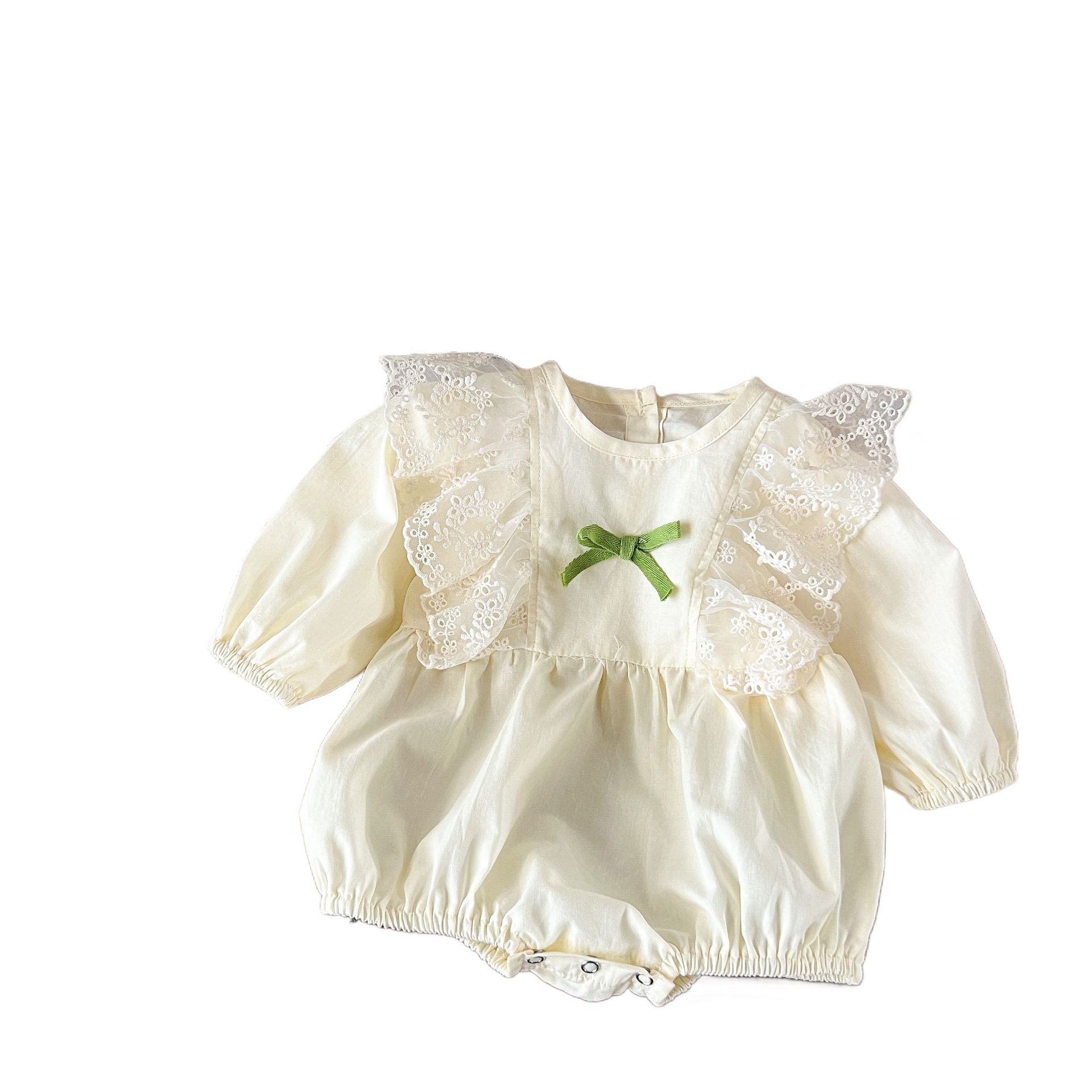 Estilo coreano de las niñas arco de algodón de encaje manga voladora mono mameluco ins bebé primavera y verano mameluco de la moda