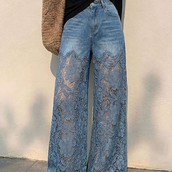 Pre-Sale 2026 Summer New Heavy-Duty Denim Jeans for Women, Slimming and Leg-Lengthening Design, Lace Splicing, Ink-Printed Wide-Leg Pants
