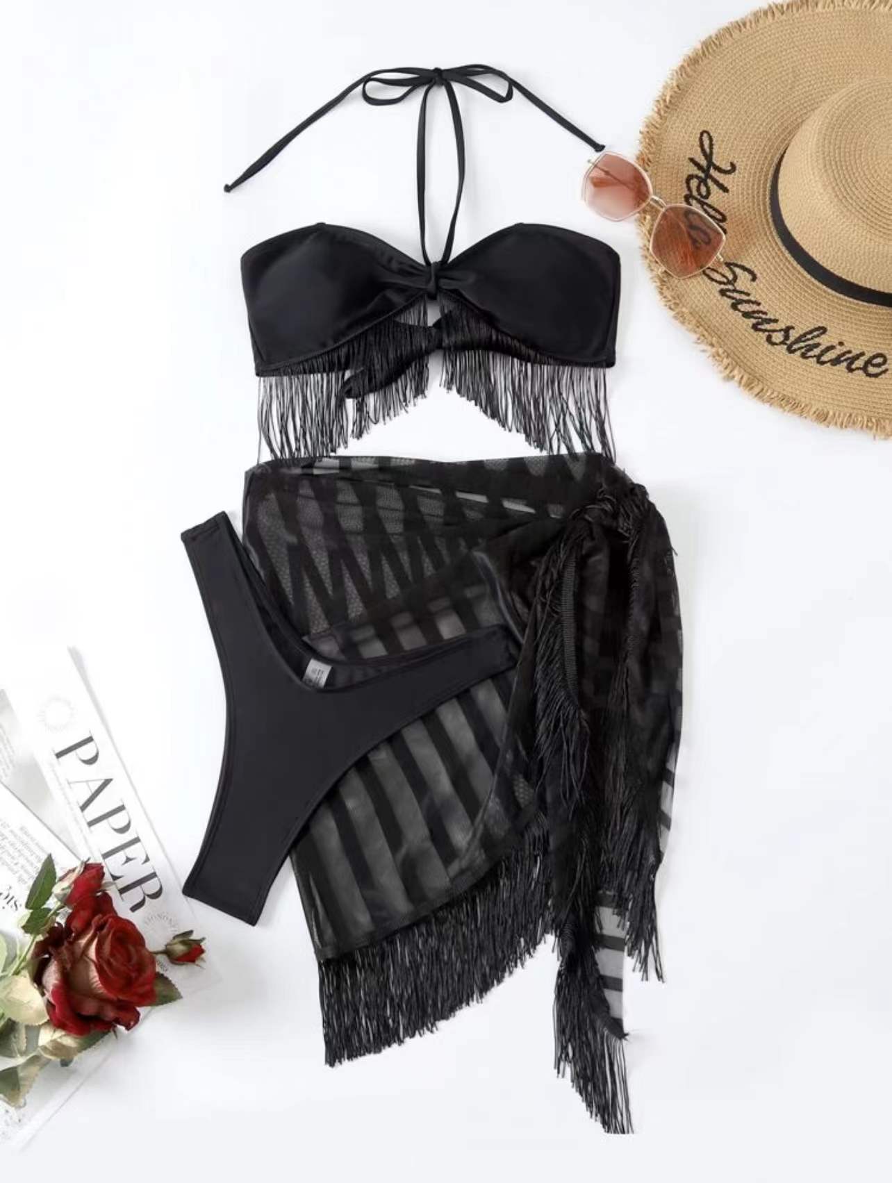 tassel hanging neck lace-up wrap chest solid color mesh bikini three-piece set NSCSY123253