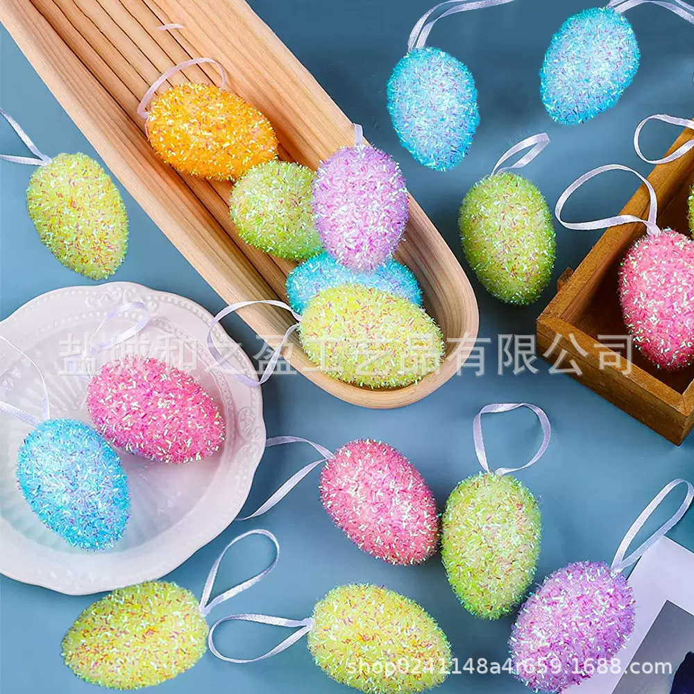 跨境新品复活节彩蛋泡沫蛋V形粉亮片鸡蛋复活节装饰挂件厂家直销