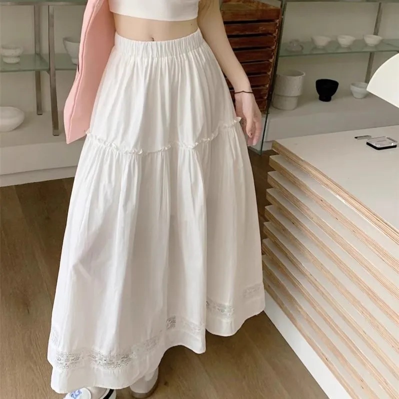 White Hollow Lace Splicing Skirt for Women Summer 2025 New Elastic High Waist A-Line Temperament Large Hem