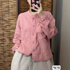 新品文艺口袋拼接立领长袖棉纱宽松休闲拼接上衣