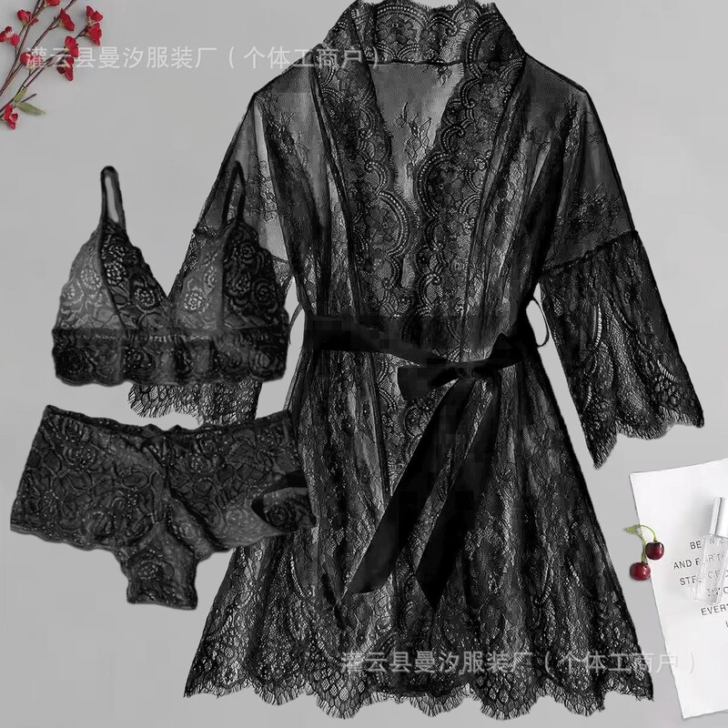 Deep V-Neck Bow Tie Women's Fashion Lace Nightgown Cardigan Eyelash Lace Trim Sexy Lingerie European and American Clothing Deep V-Neck Bow Tie Women's Fashion Lace Nightgown Cardigan Eyelash Lace Trim Sexy Lingerie European and American Clothing
