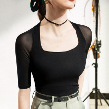 2024春夏新款网纱中袖上衣内搭洋气打底衫方领小衫欧货