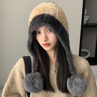 Winter Cold-Proof Hat with Large Head Circumference, Plush Hanging Ball, Cute Ear Protection Hat for Women, Ear Protection, Velvet, Thickeneded Color Matching Knitted Hat