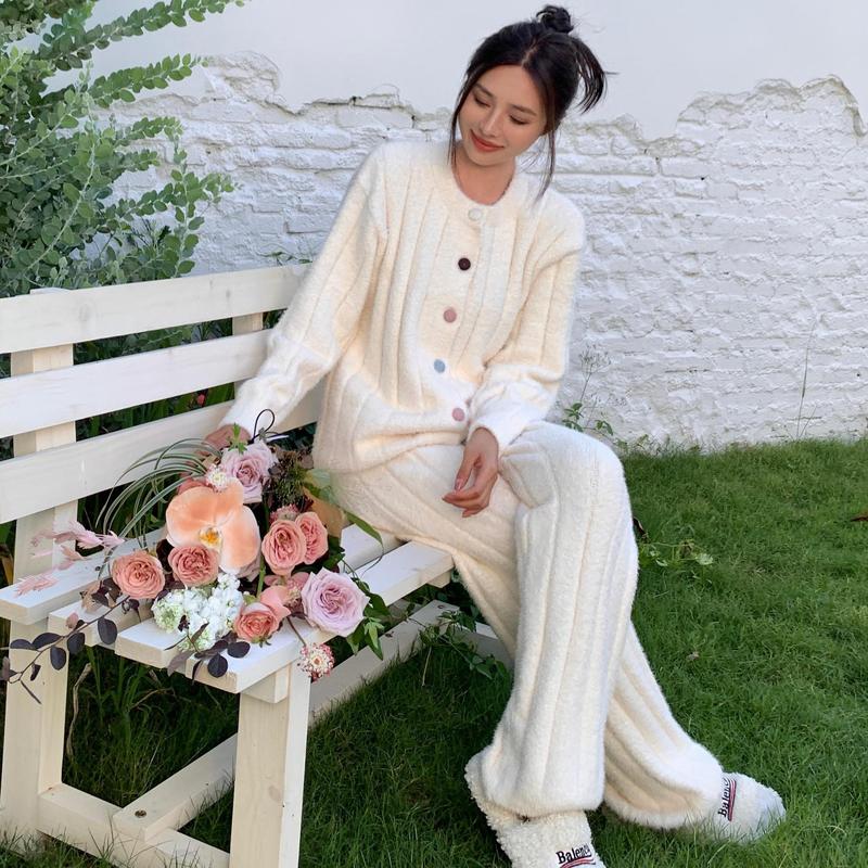 CaCa彩扣轻奢暖貂半边绒睡衣女士秋冬加绒保暖柔软慵懒家居服套装|undefined