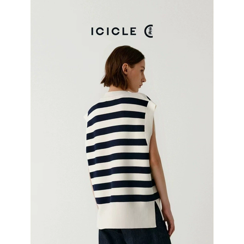 Жихе тот же цвет в полоску, шерстяной трикотажный жилет, женский v-образный воротник, тонкий складной топ, свободный свитер, жилет