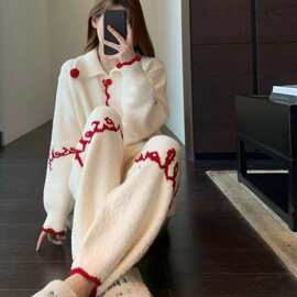 冬季新款女士睡衣加厚加绒半边绒网红开衫款可外穿大码家居服女