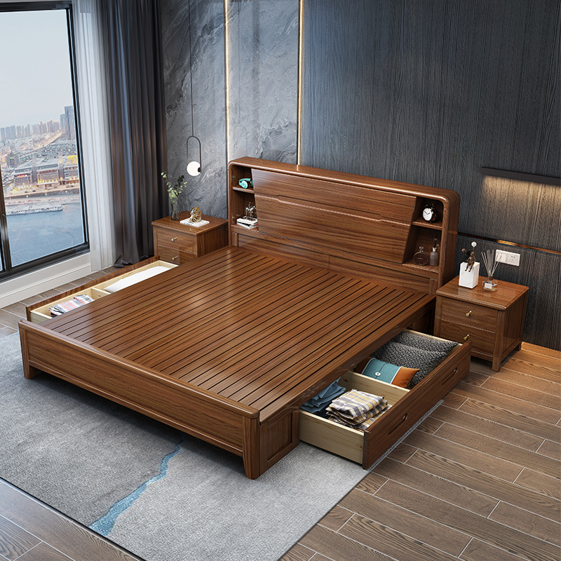 Moderno minimalista cama de madera maciza de nogal 1,8 m cama doble Nordic Luz de lujo 1,5 m dormitorio principal alta caja de almacenamiento cama