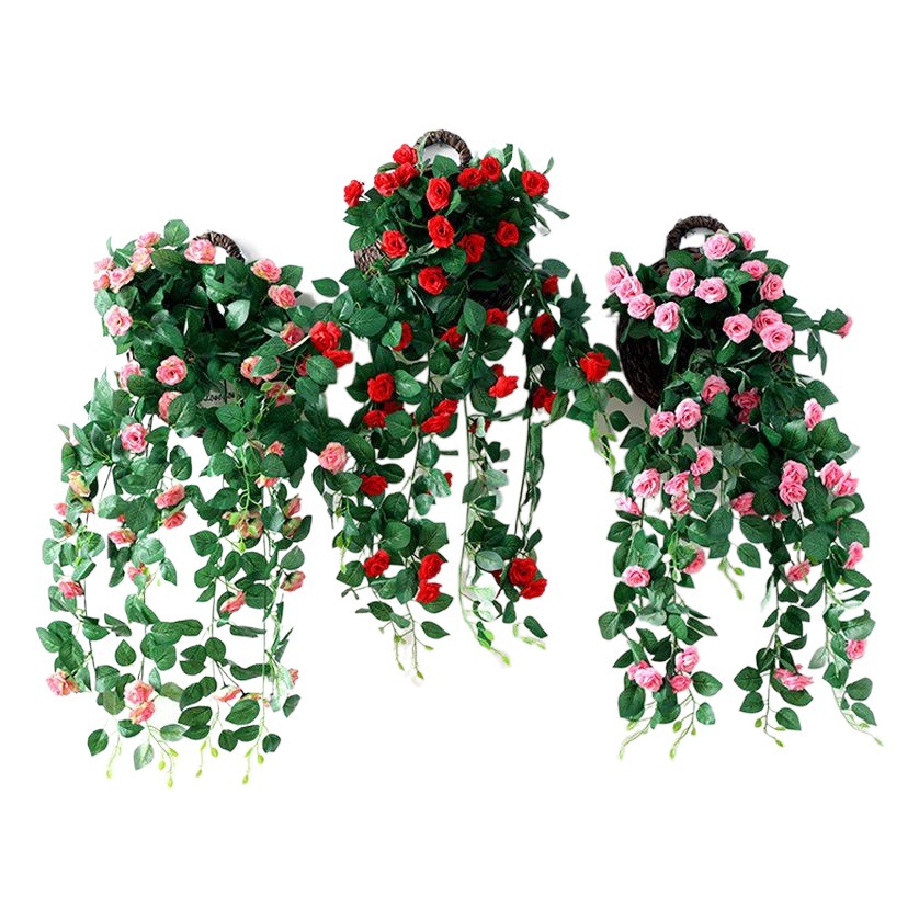 Artificial Rosa colgante de pared interior flor artificial ratán boda sala de estar decoración de la pared colgante de plástico vid Rosa cesta colgante
