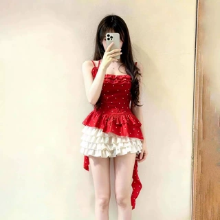 夏装搭配一整套装2026新款气质不规则波点红色吊带上衣蛋糕裙女装