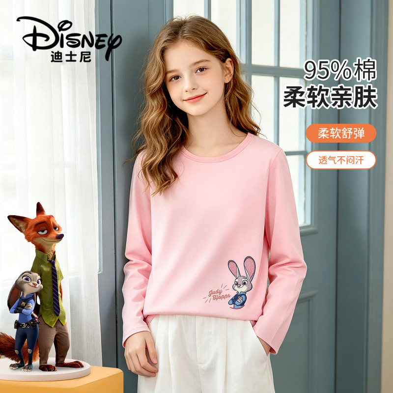 Disney children's pure cotton long-sleeve T-shirt for girls, spring and autumn solid color base layer round-neck top