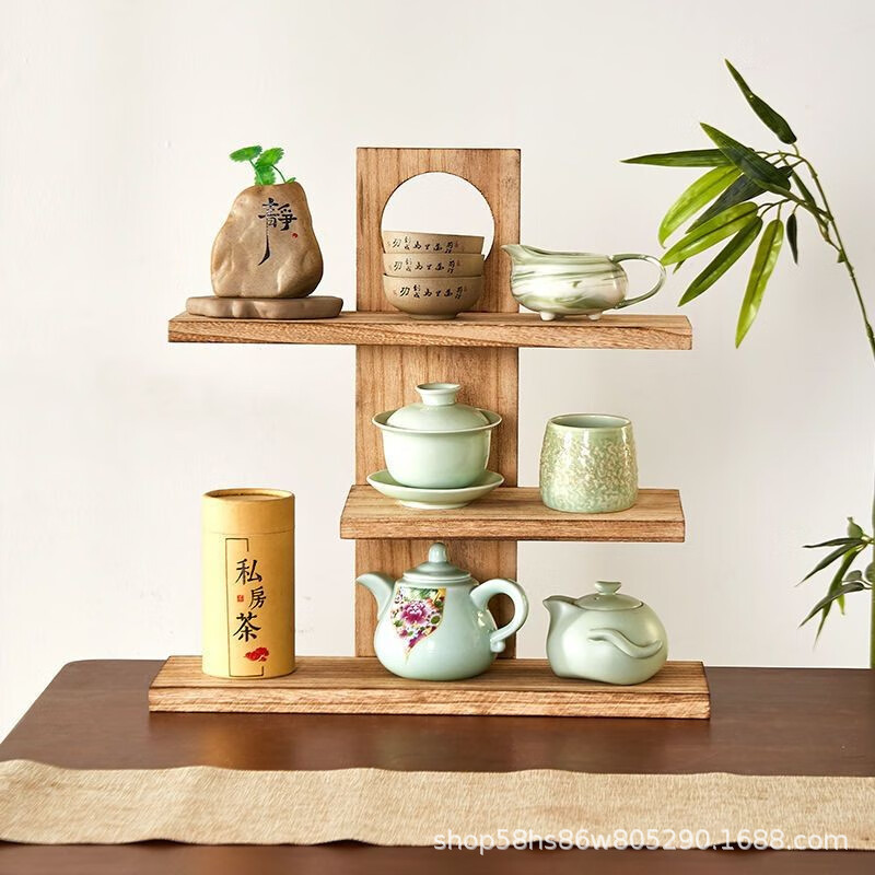 デスクトップの木の博古棚の茶器の棚の置物は物を置く棚のティーポットの棚の多宝閣の展示棚のティーカップを建てます。|undefined
